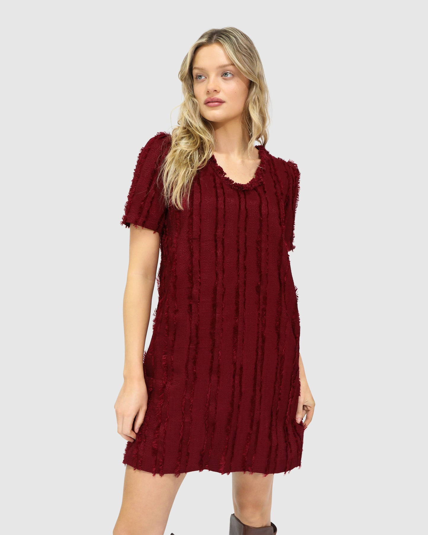 Solana Boho Fringe Shift Mini Dress - Burgundy