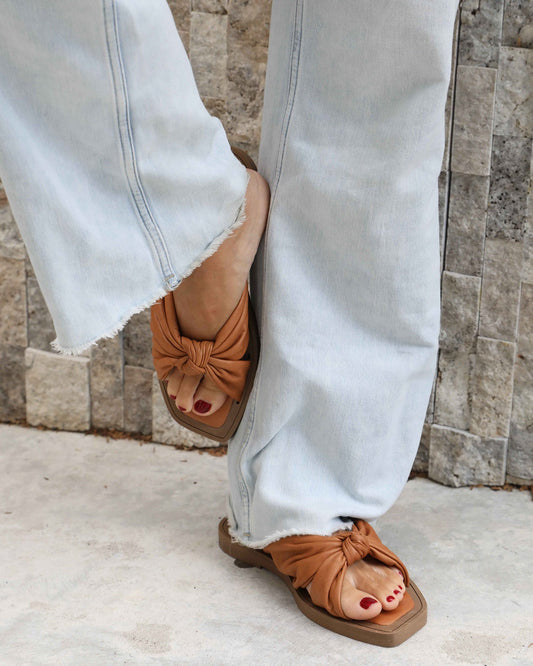 Caramel You & I Knot Detail Leather Slides with modern square-toe silhouette - front view