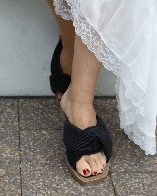 Black Oblivion Slides with pleated detailing - alternate view