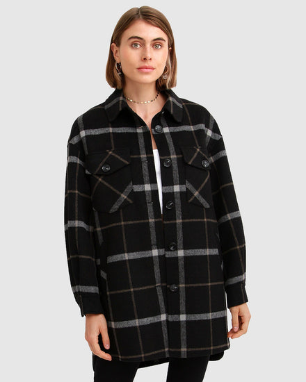 River's Edge Wool Blend  Plaid Shacket - Black Plaid