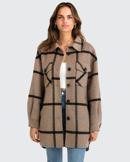 River's Edge Wool Blend Plaid Shacket - Oat Plaid