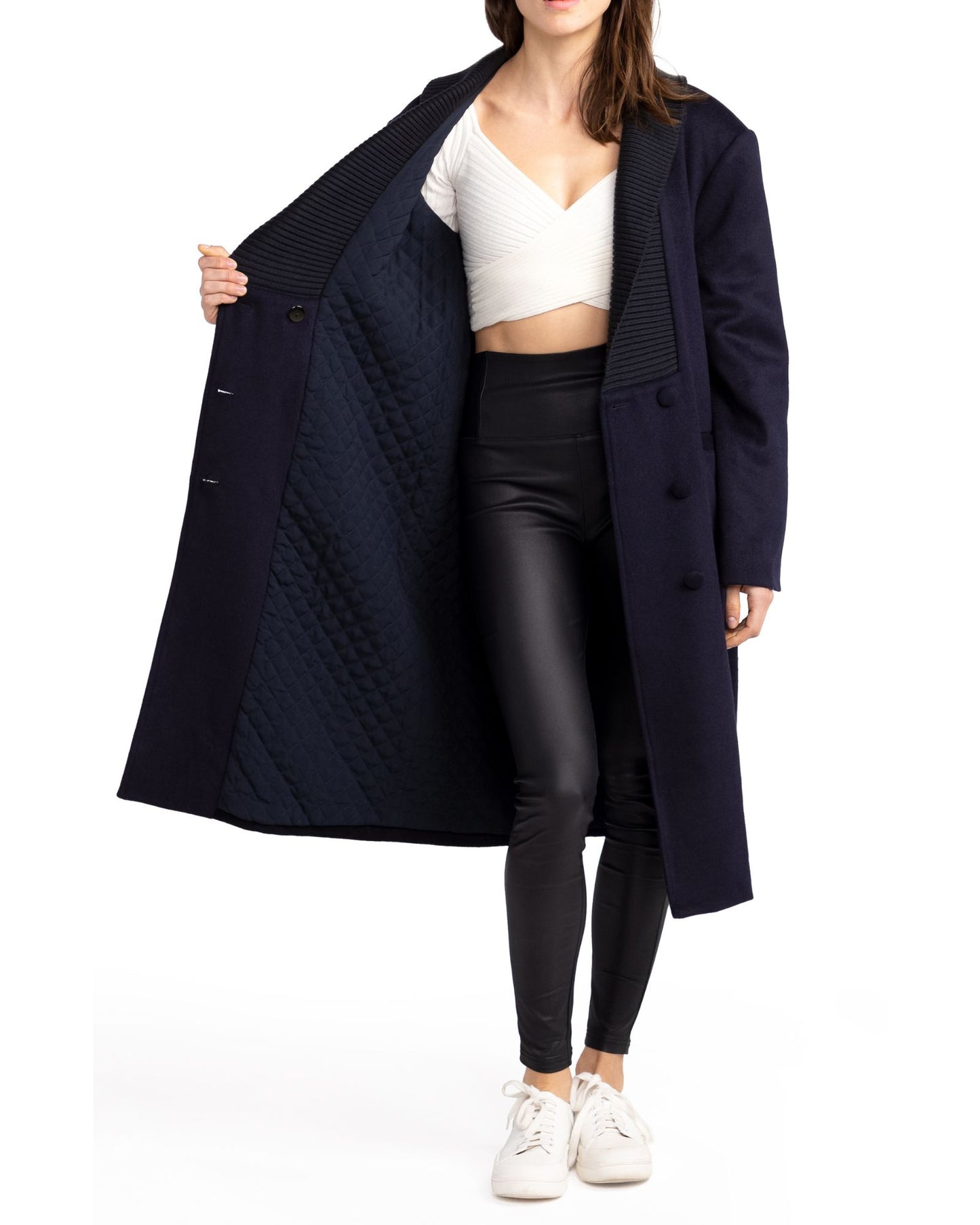 After Party Wool Blend Qulited Lining Coat - Navy