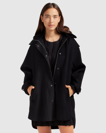 Heavy Hearted Wool Blend Detachable Hooded Coat - Black