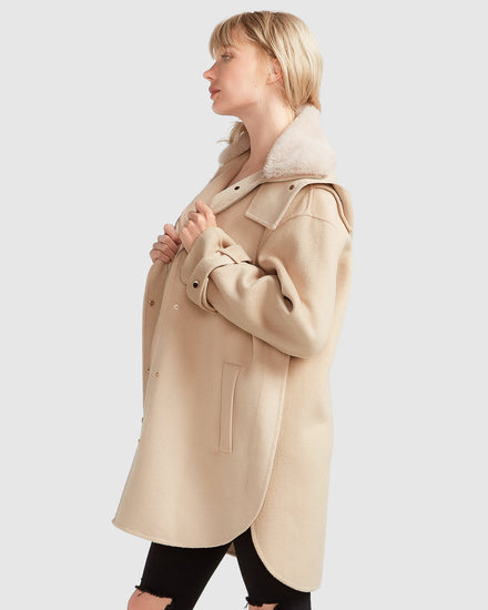 Heavy Hearted Wool Blend Detachable Hooded Coat - Pale Oat