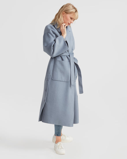 Wide Awake Split Hem Wool Blend Overcoat - Denim Blue