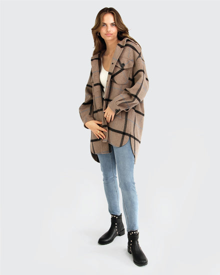 River's Edge Wool Blend Plaid Shacket - Oat Plaid