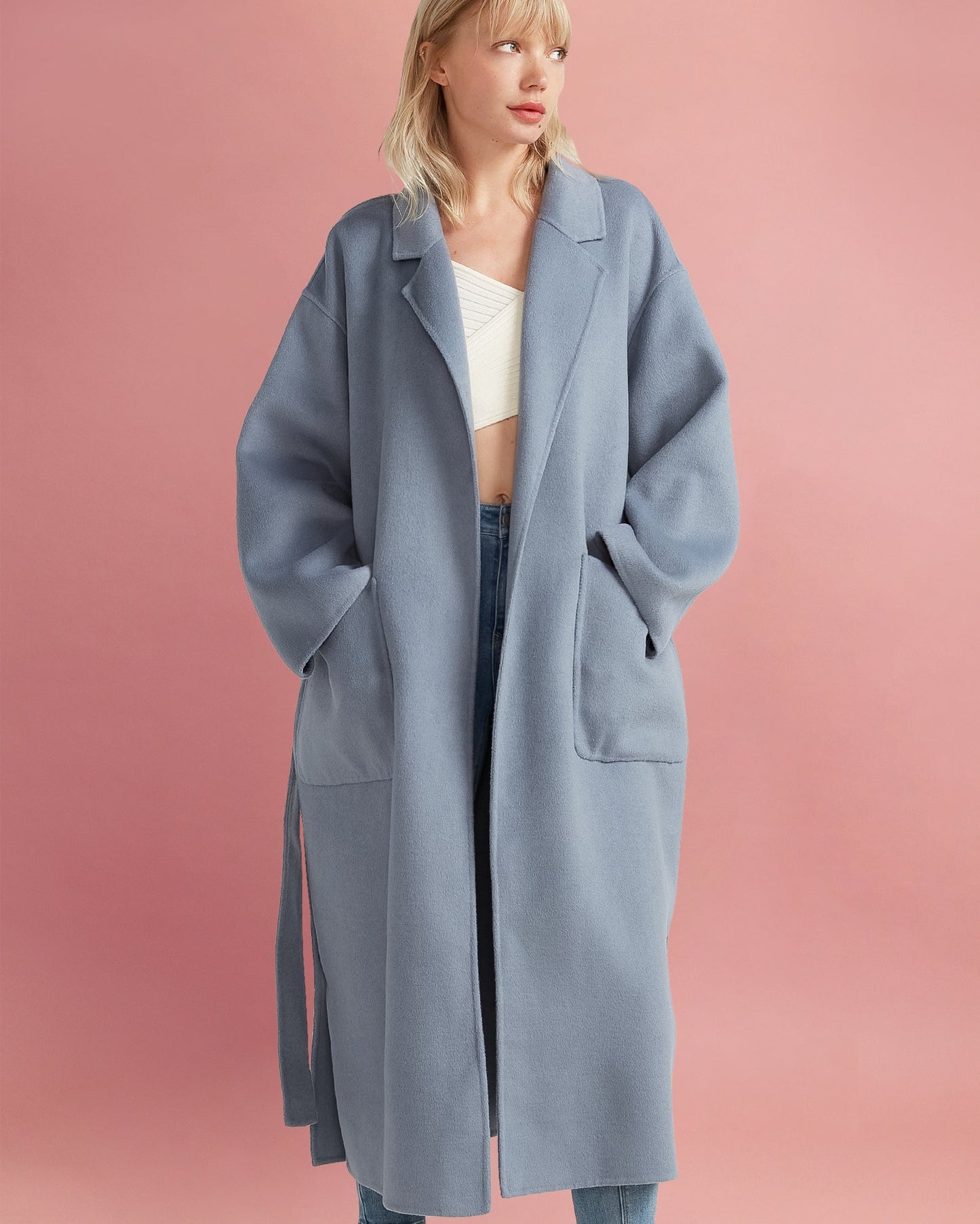 Wide Awake Split Hem Wool Blend Overcoat - Denim Blue