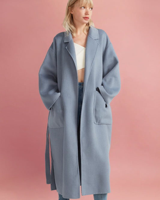 Wide Awake Split Hem Wool Blend Overcoat - Denim Blue