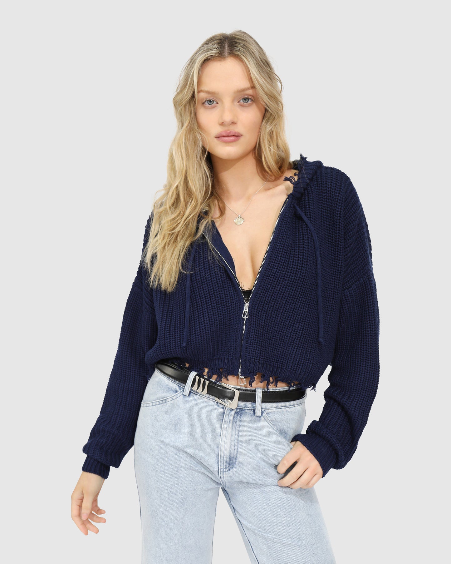 Another Love Fringe Zip Knit - Navy