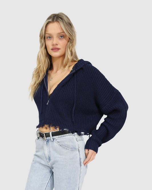 Another Love Fringe Zip Knit - Navy