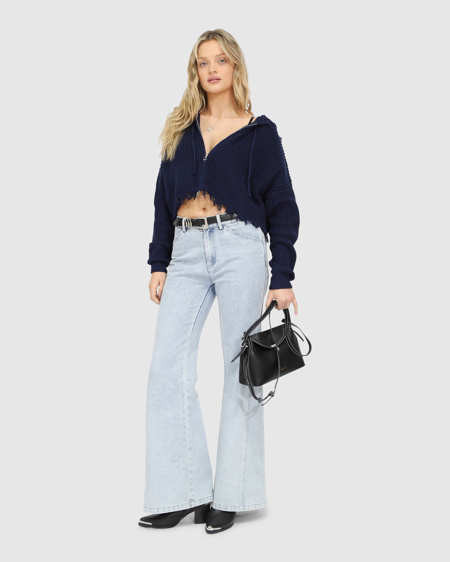 Another Love Fringe Zip Knit - Navy