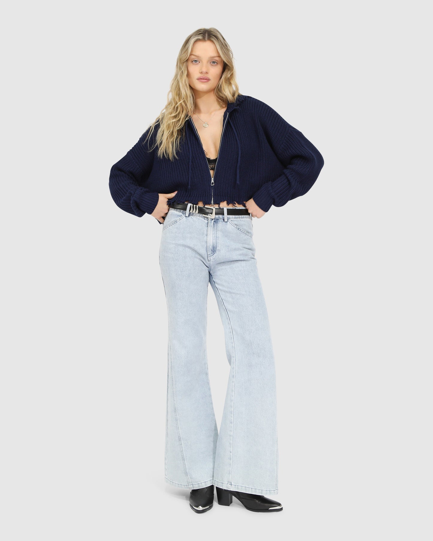 Another Love Fringe Zip Knit - Navy