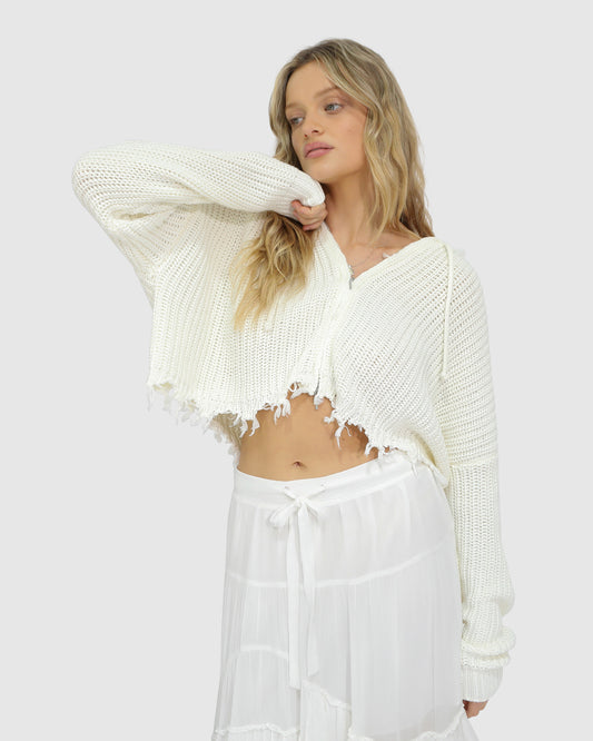 Another Love Fringe Zip Knit - Cream