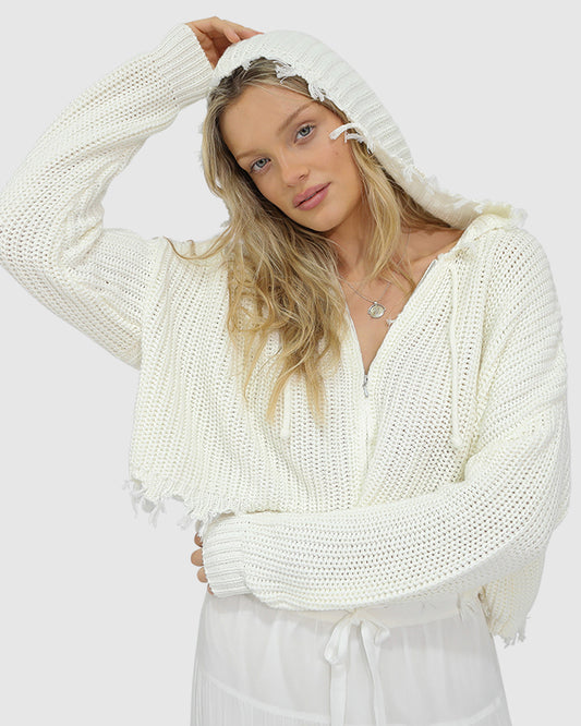 Another Love Fringe Zip Knit - Cream