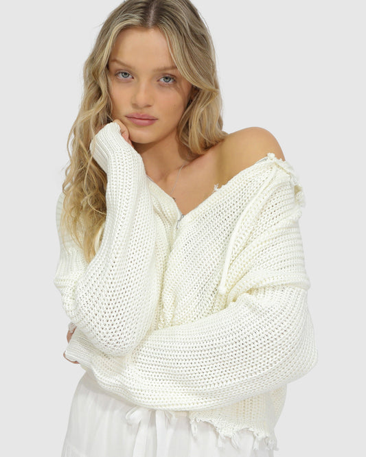 Another Love Fringe Zip Knit - Cream