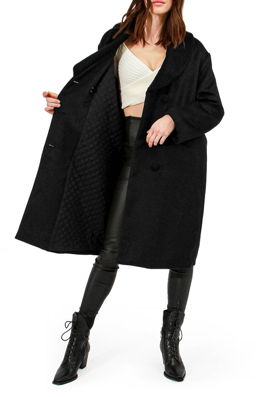 After Party Wool Blend Qulited Lining Coat - Black