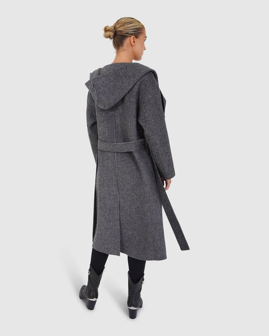 Arcadia Wool Blend Oversided Coat with Hood - Black/White