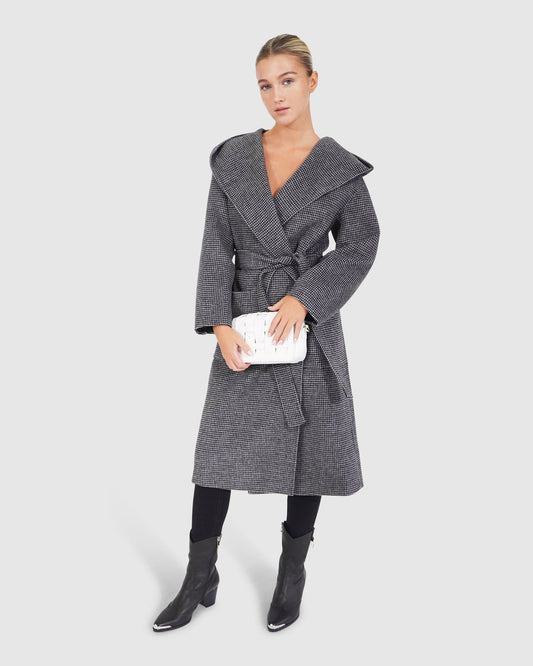 Arcadia Wool Blend Oversided Coat with Hood - Black/White