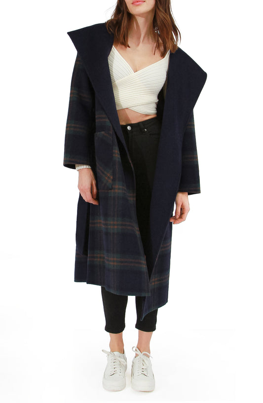 Arcadia Wool Blend Oversided Coat with Hood - French Navy