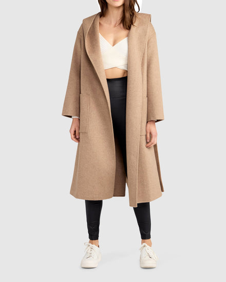 Arcadia Wool Blend Oversided Coat with Hood - Oat