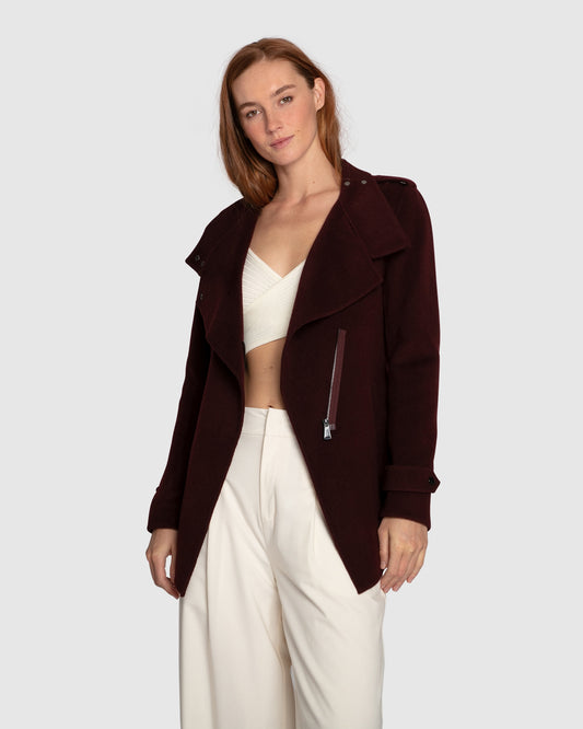 Bad Girl Wool Blend Moto Coat - Burgundy