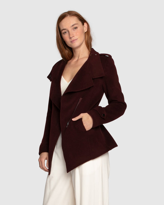 Bad Girl Wool Blend Moto Coat - Burgundy