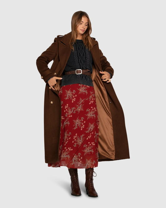 Chocolate Command Wool Blend Double-Breasted Maxi Coat with wide lapels - alternate view