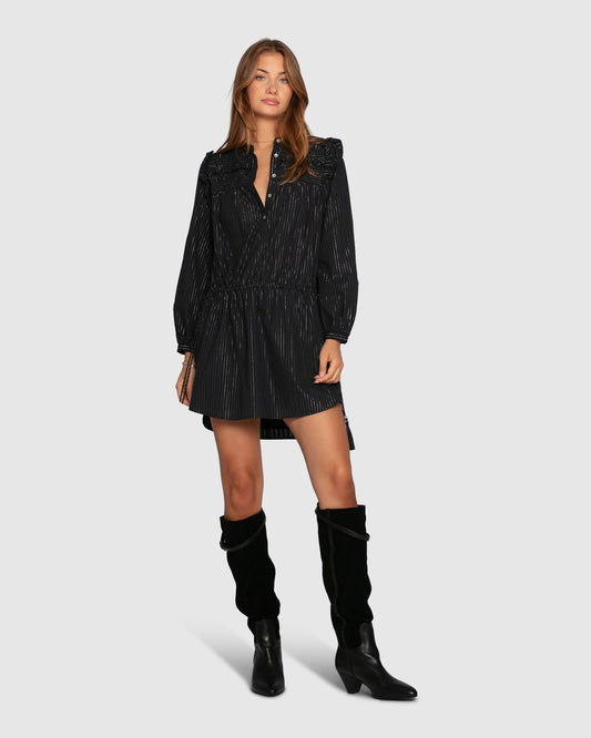 Black Off the Vine Lurex Stripe Mini Dress with long sleeves with soft volume - alternate view