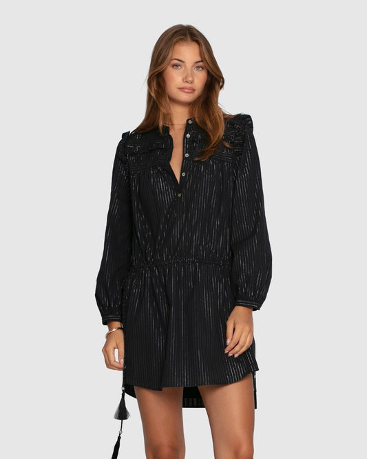 Black Off the Vine Lurex Stripe Mini Dress with relaxed silhouette and V-neckline - front view