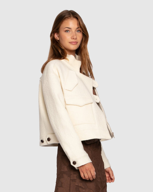 Cream Crystal Skies Cropped Wool Rib Jacket with high neckline - alternate view
