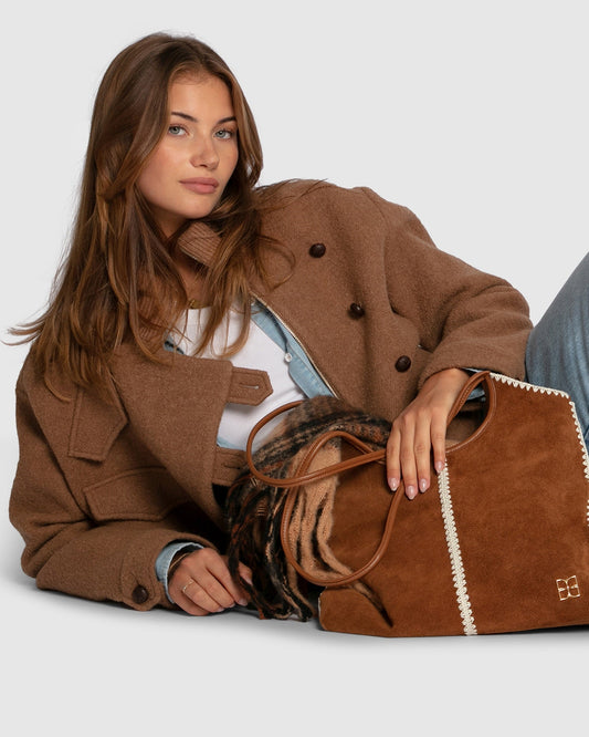 Tan Back To Friends Suede Shopper with contrast whipstitch trim and shoulder straps - front view