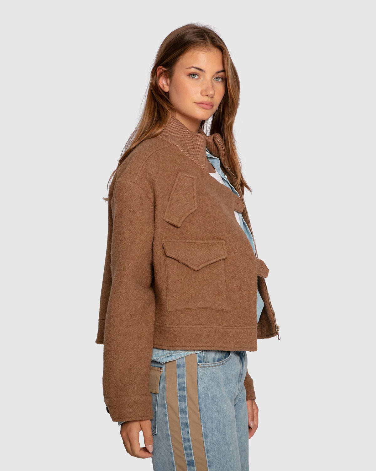 Vicuna Crystal Skies Cropped Wool Rib Jacket with ribbed texture - alternate view