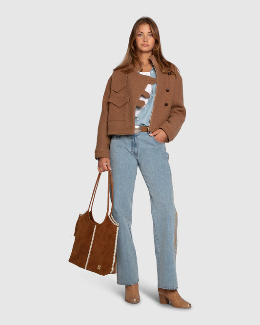 Tan Back To Friends Suede Shopper with zip top closure - alternate view