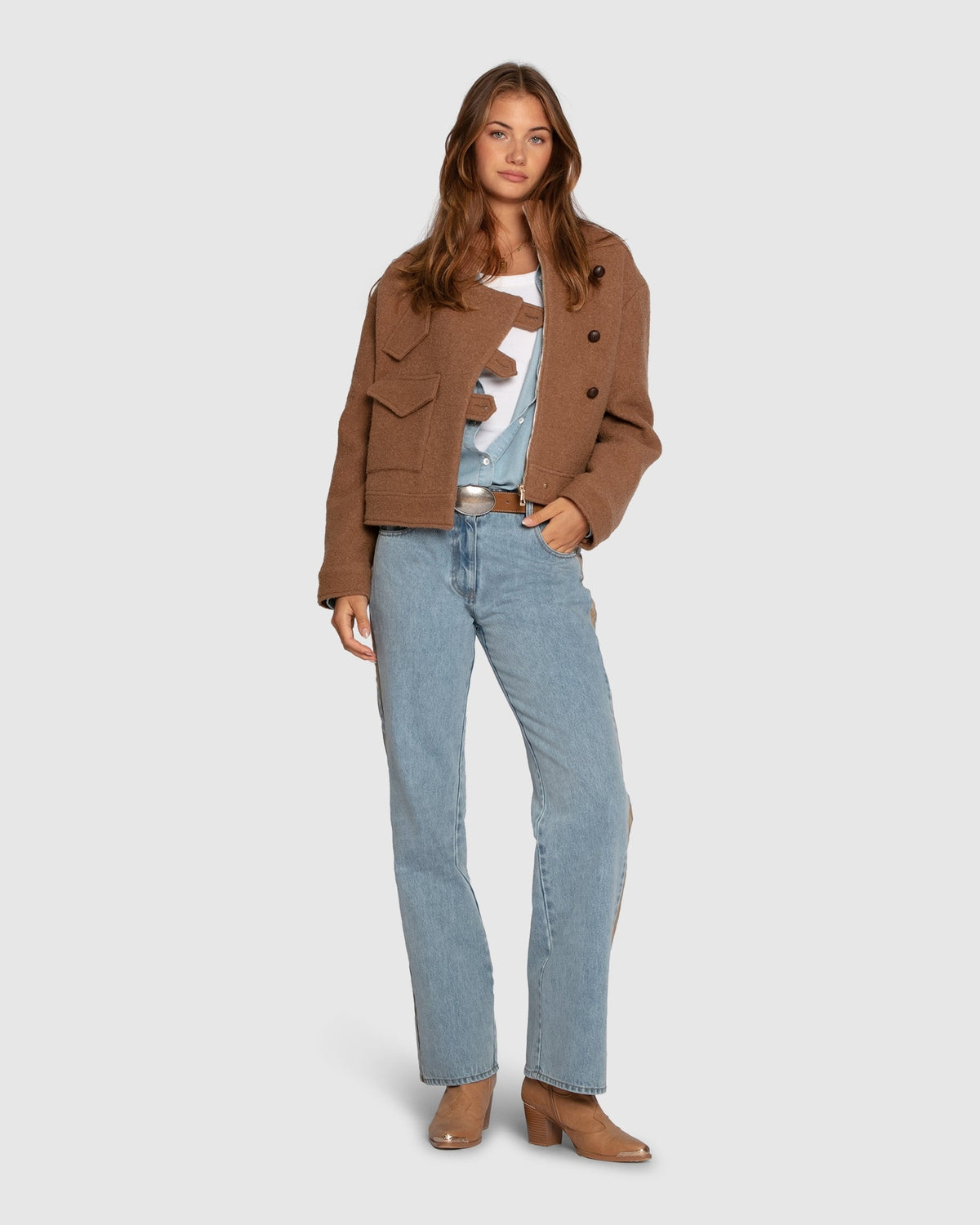 Vicuna Crystal Skies Cropped Wool Rib Jacket with cropped silhouette and high neckline - front view