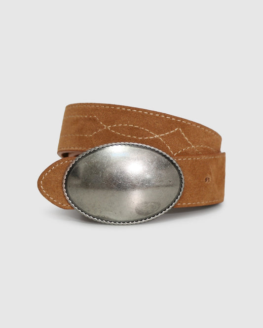 Tan Melrose Western Belt with oversized oval silver-tone buckle - alternate view