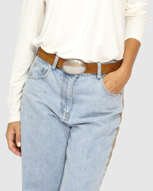 Tan Melrose Western Belt with oversized silhouette and contrast stitching - front view