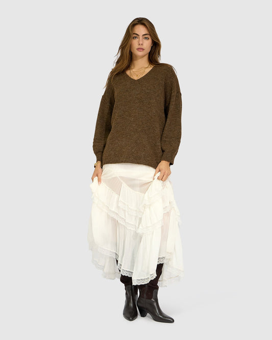 Chocolate Cloud Kiss Knit with relaxed draped fit and off-shoulder neckline - front view