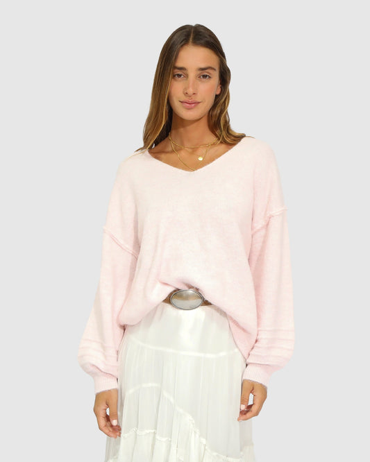 Pink Cloud Kiss Knit with relaxed draped fit and off-shoulder neckline - front view