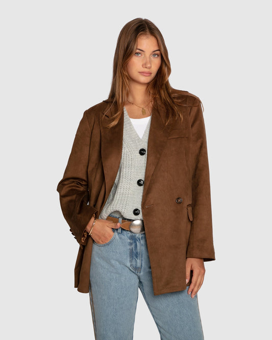 Brown Charmer Faux Suede Blazer with relaxed oversized fit - alternate view