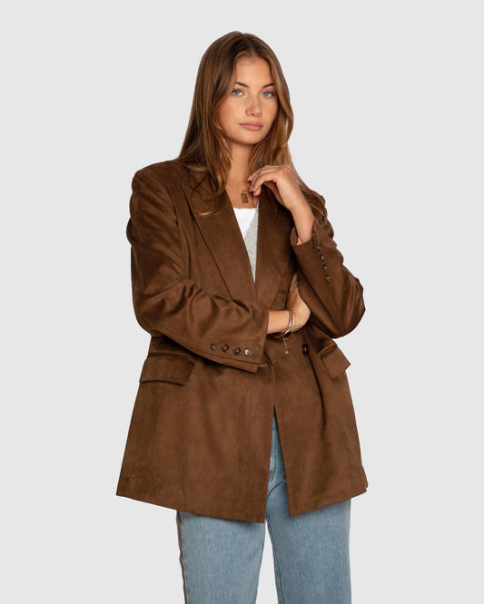 Brown Charmer Faux Suede Blazer with double-breasted front and oversized silhouette - front view