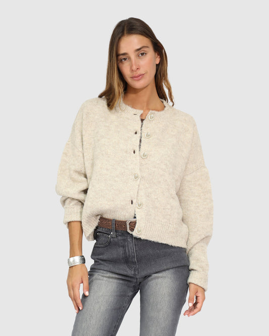 Beige Soft Haven Cardigan with relaxed silhouette and ribbed texture - front view