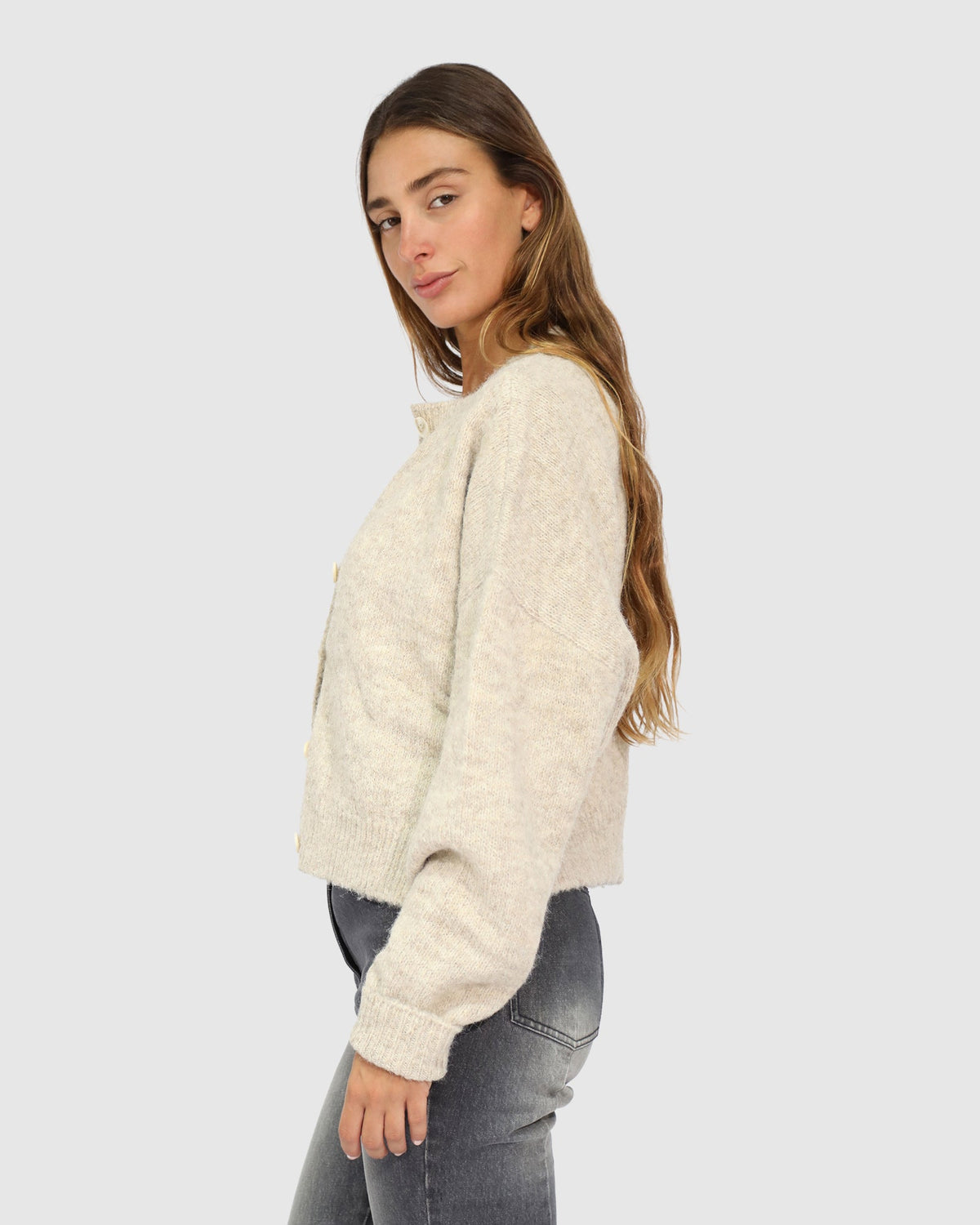 Beige Soft Haven Cardigan with ribbed cuffs and hem - alternate view