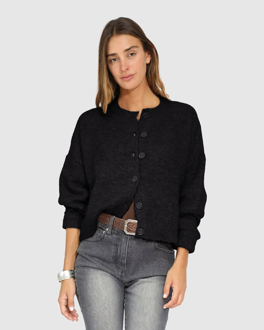 Black Soft Haven Cardigan with relaxed silhouette and ribbed texture - front view