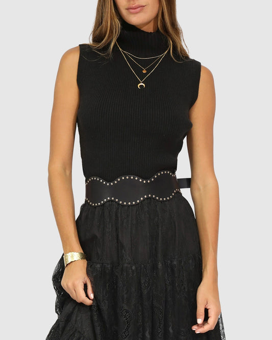 Black No Other Love Studded Belt with gold-tone stud embellishment and polished gold-tone buckle - front view