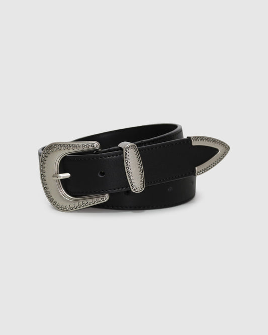 Black Reset Western Belt with engraved silver-tone buckle and keeper - alternate view