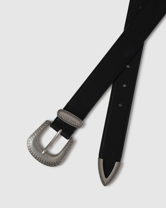 Black Reset Western Belt with engraved silver-tone buckle and keeper - alternate view