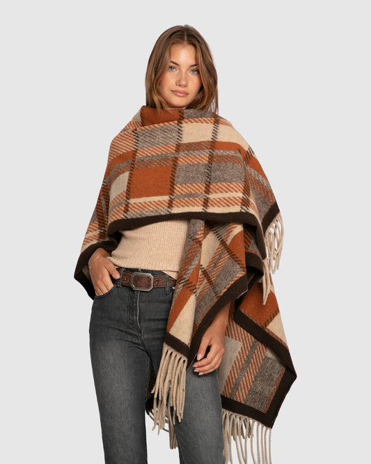 Caramel Worth The Wait Scarf with relaxed silhouette and fringe detailing - front view