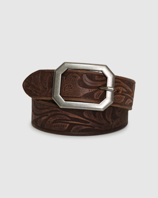 Chocolate Stand By Me Embossed Leather Belt with brushed silver, octagonal buckle - alternate view
