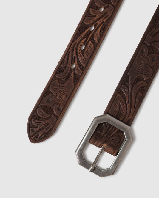 Chocolate Stand By Me Embossed Leather Belt with adjustable fit with multiple holes - alternate view