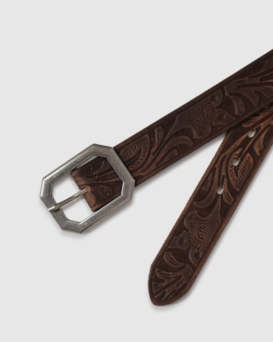 Chocolate Stand By Me Embossed Leather Belt with brushed silver, octagonal buckle - alternate view